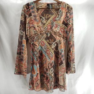 Mixit Brown, Size Medium Gold & Orange Polyester Paisley Print Swimsuit Cover-Up